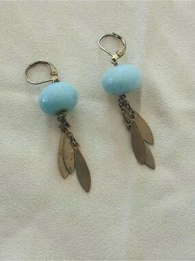 Vintage David Aubrey Blue Stone Dangle or Drop Earrings & Antique Gold Accents